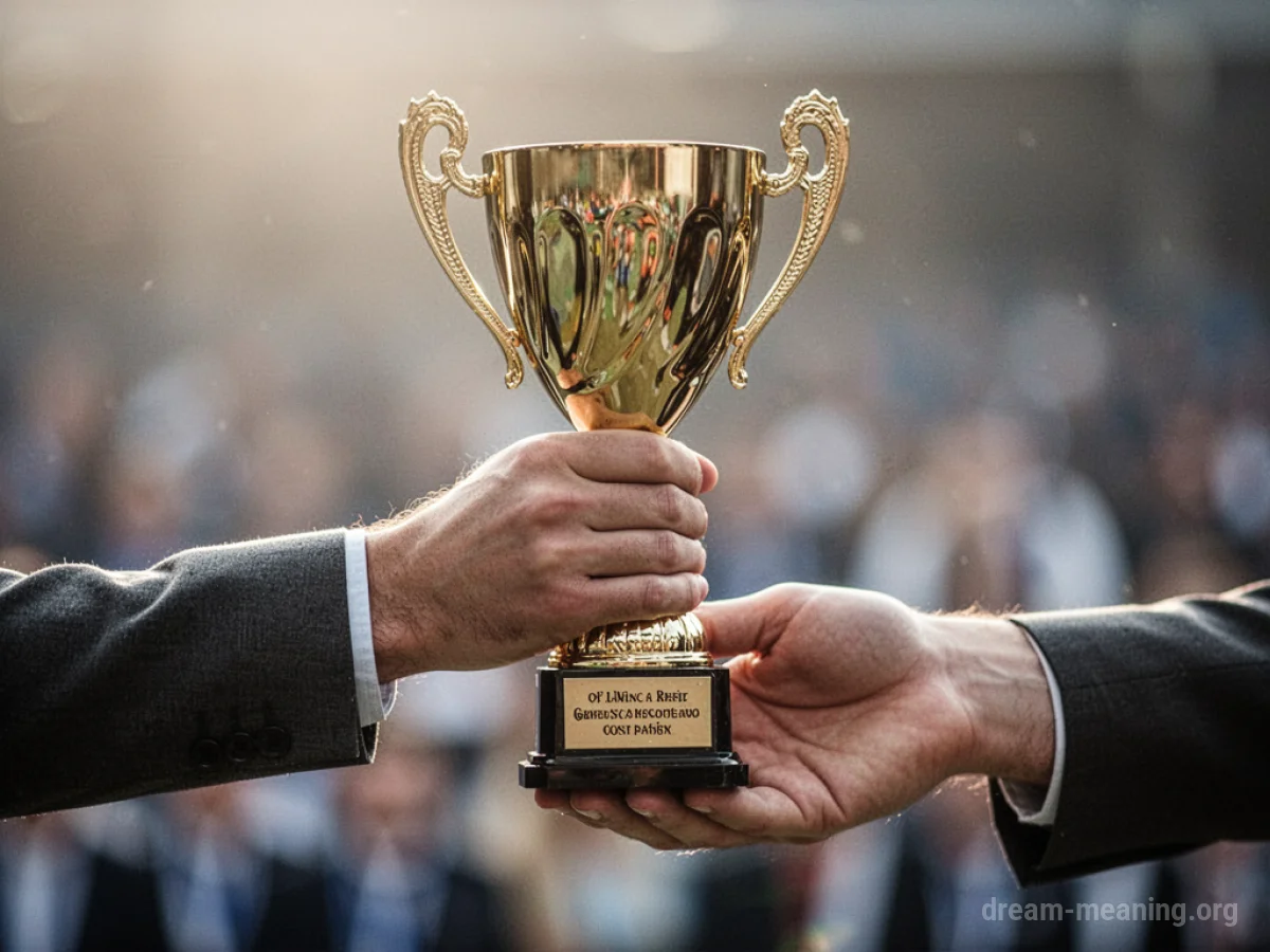 A hand offering a golden trophy to another hand.