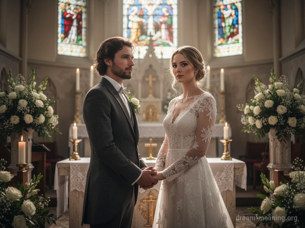 A couple standing at a wedding altar.