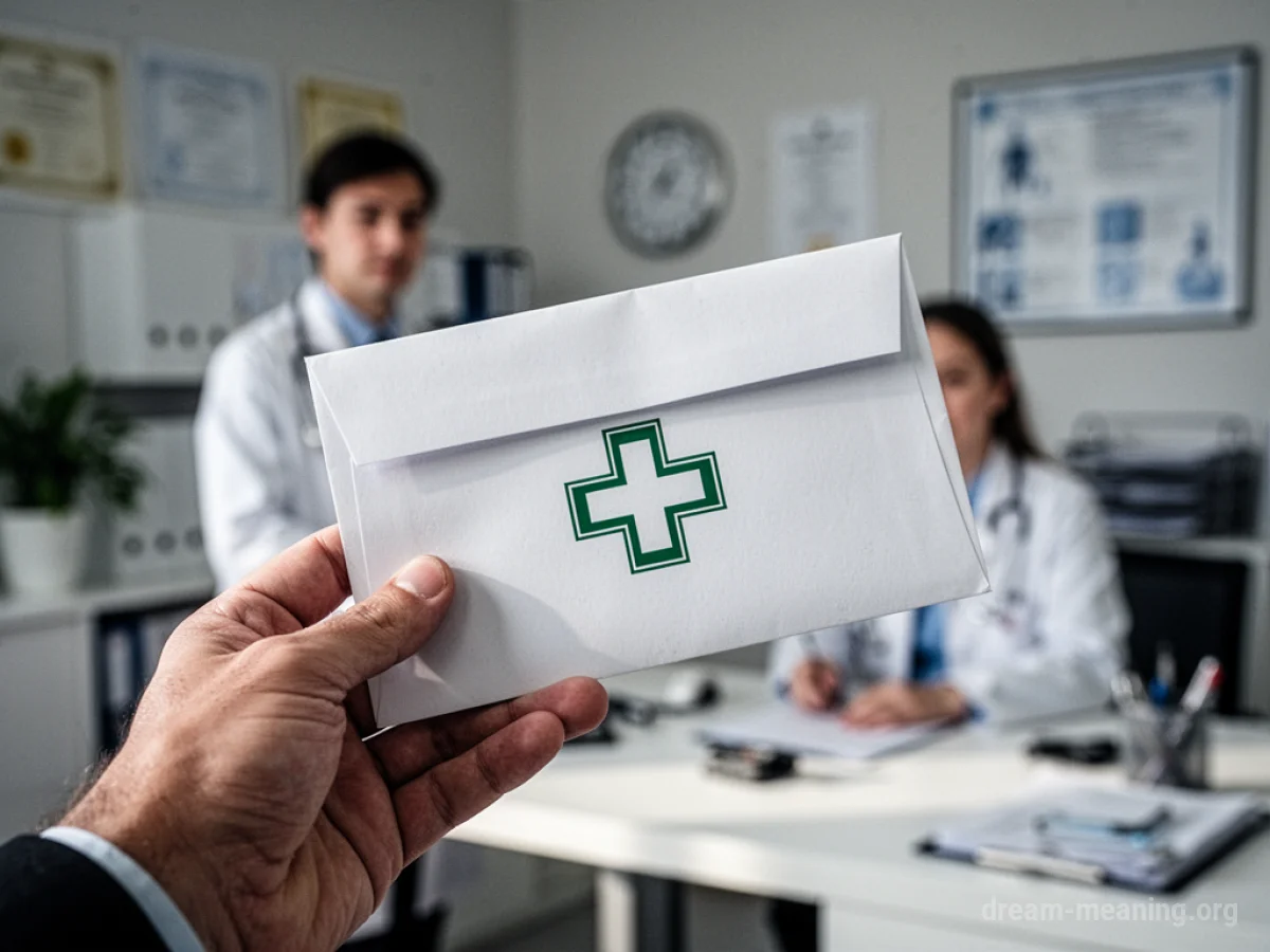 A hand holding a sealed envelope with a medical cross symbol.