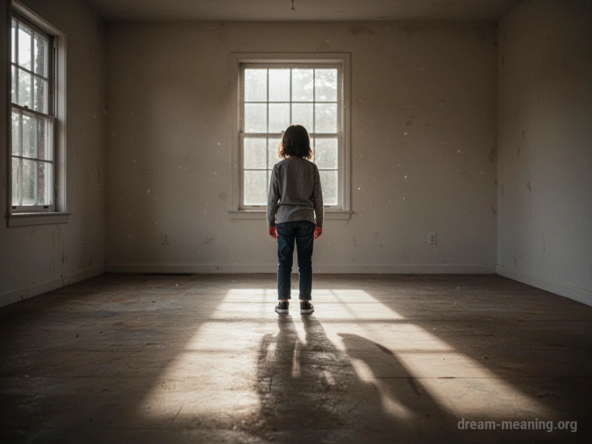 A solitary figure stands in an empty room with long shadows.