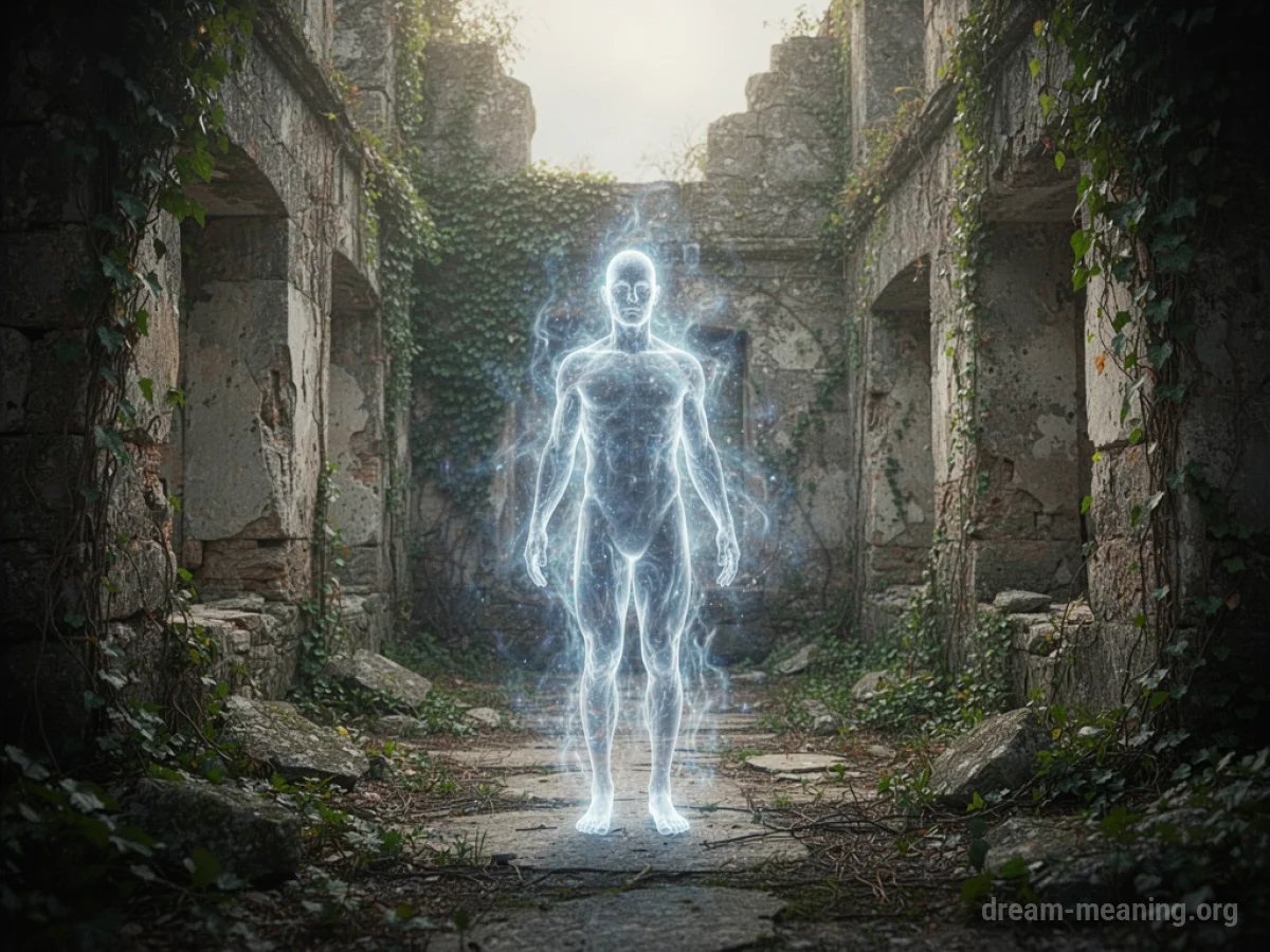 A translucent figure stands amidst decaying stone walls and overgrown vegetation.