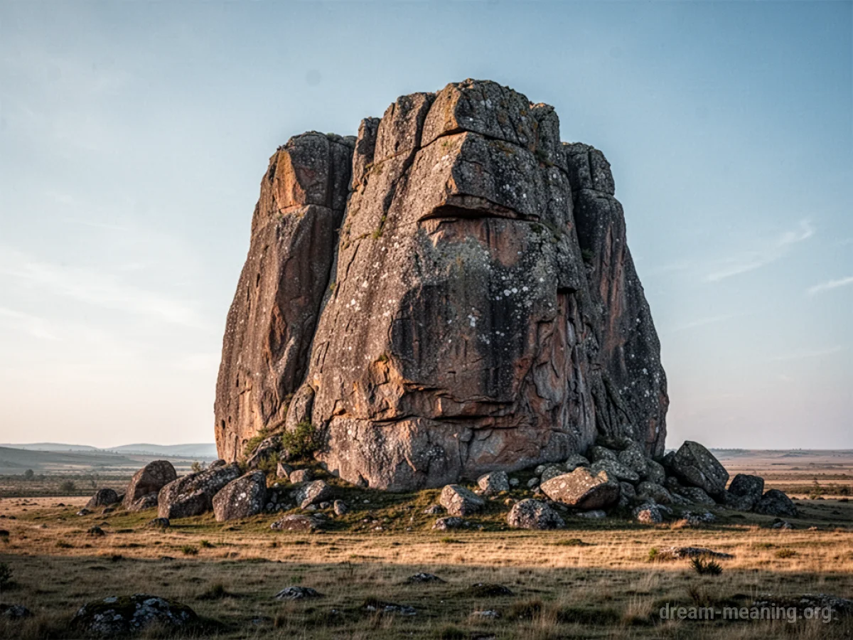 A massive rock monolith dominating a flat plain.