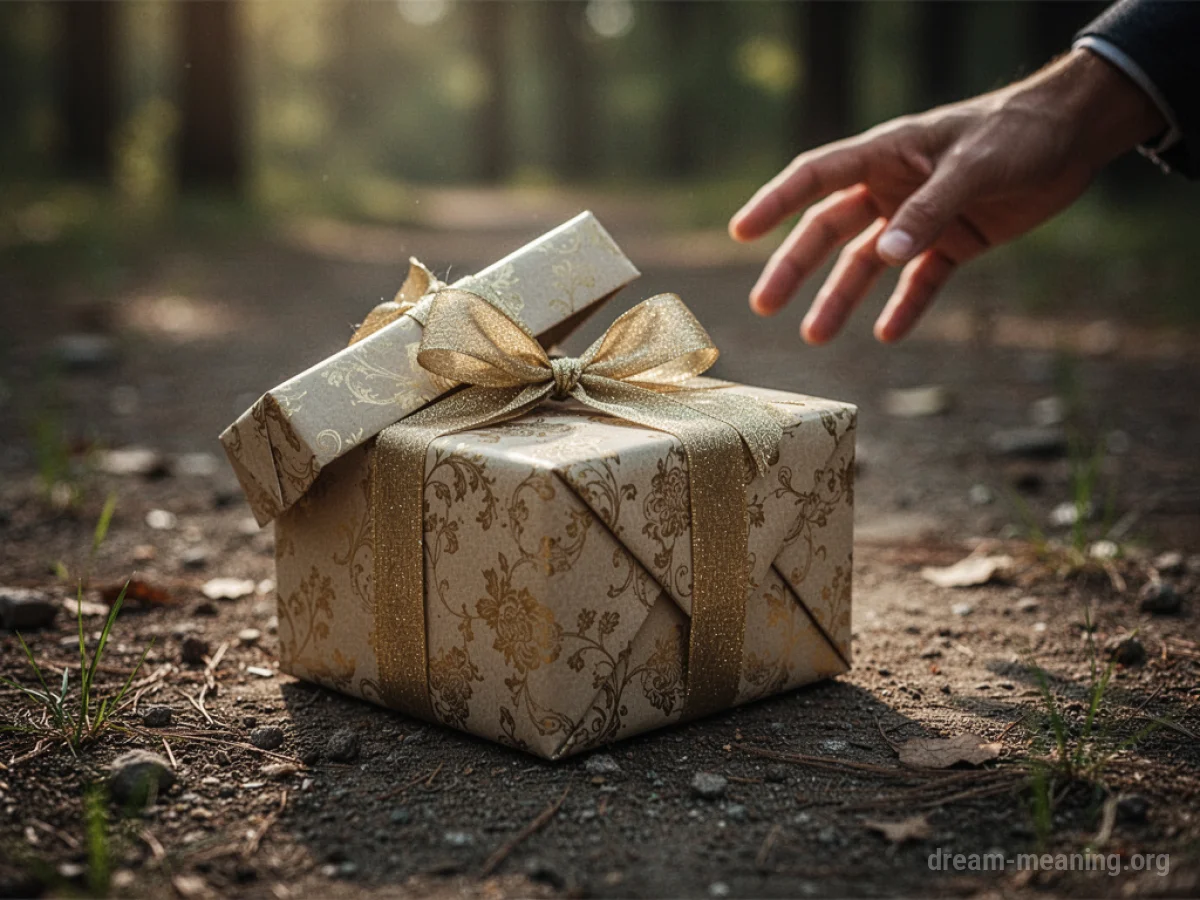 A wrapped gift box on the ground with a hand moving away.