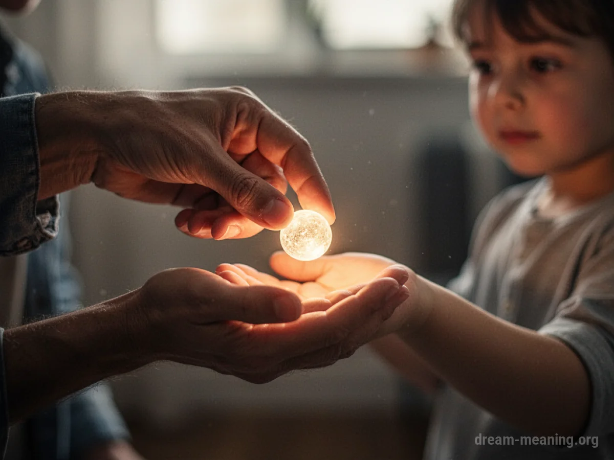 A parent's hand giving a glowing object to a child's hand.