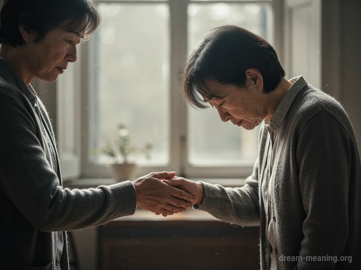 A hand reaching out towards a bowed head.