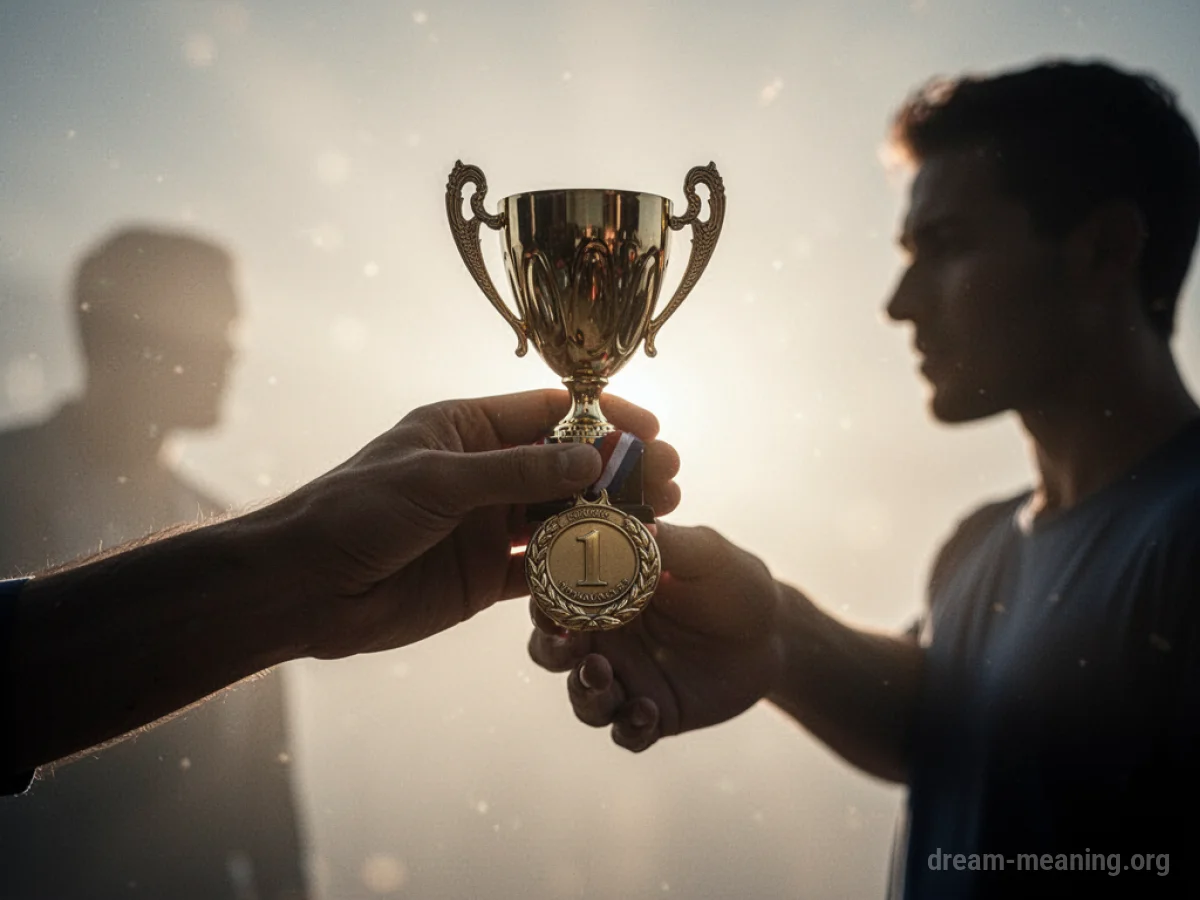 A hand offering a medal to another person.