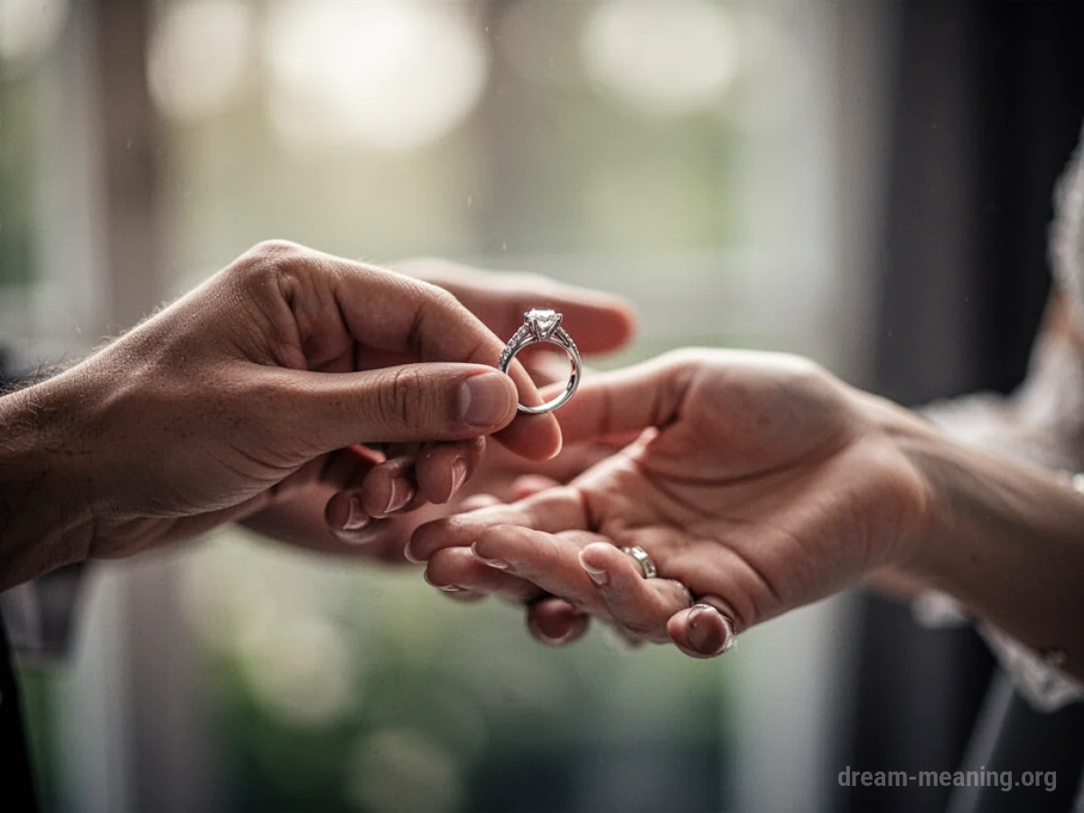 A hand offering a ring to another hand.
