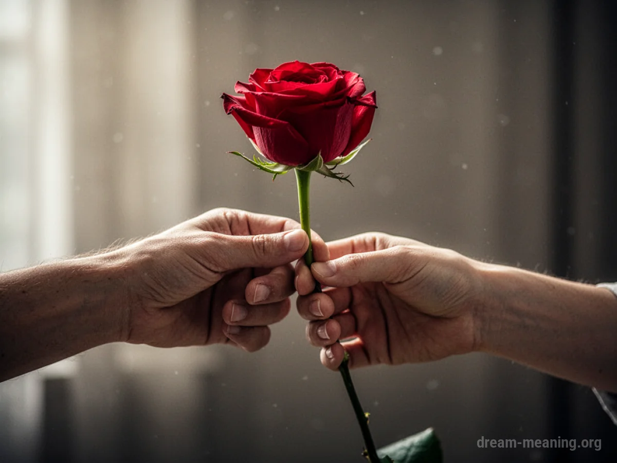 A hand extends a red rose towards another hand.