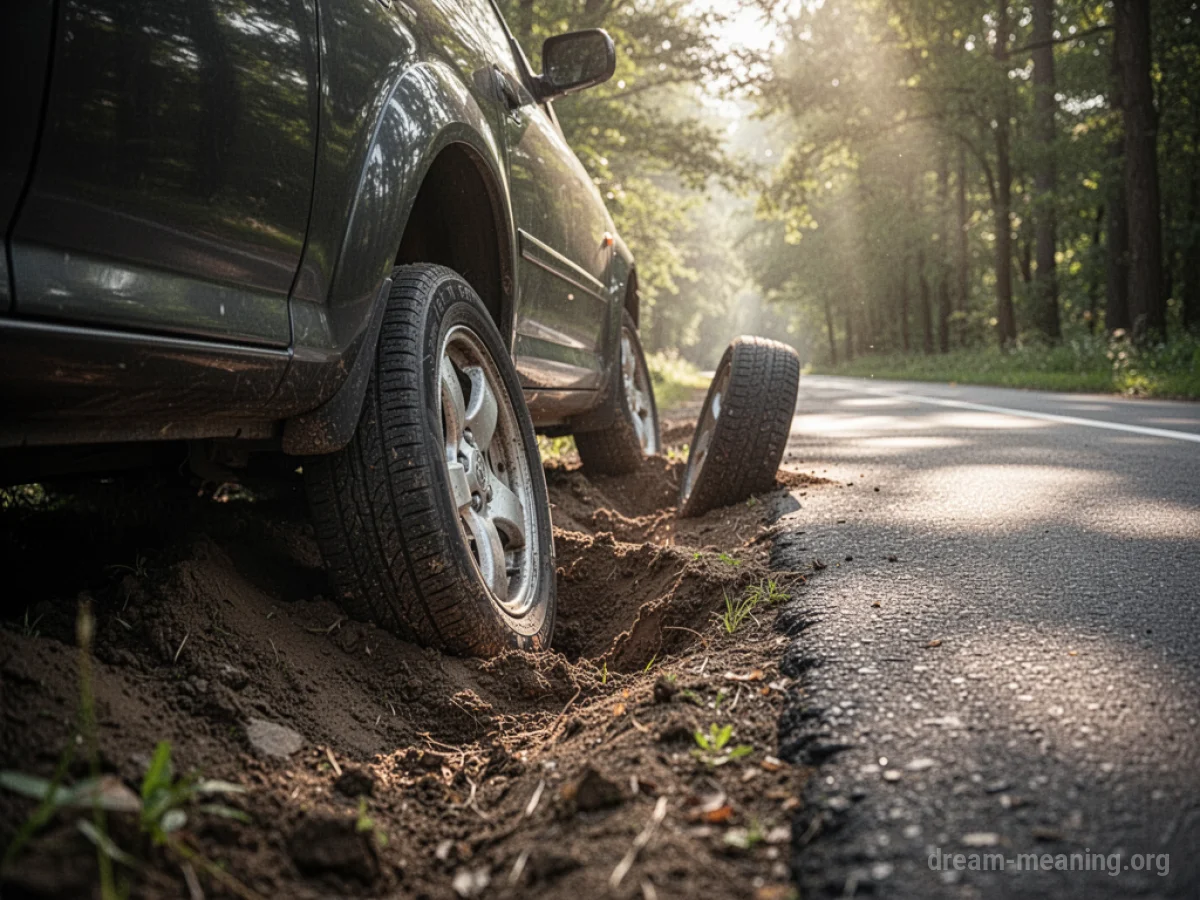 A car's wheels partially submerged in dirt beside a clear road.