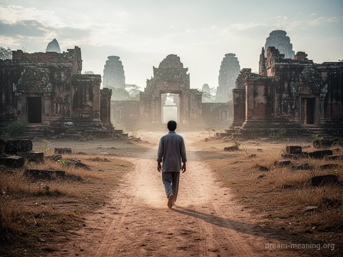 A person walking on a long path towards old buildings.