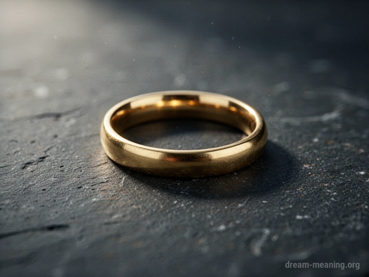 A gold ring on a dark surface.