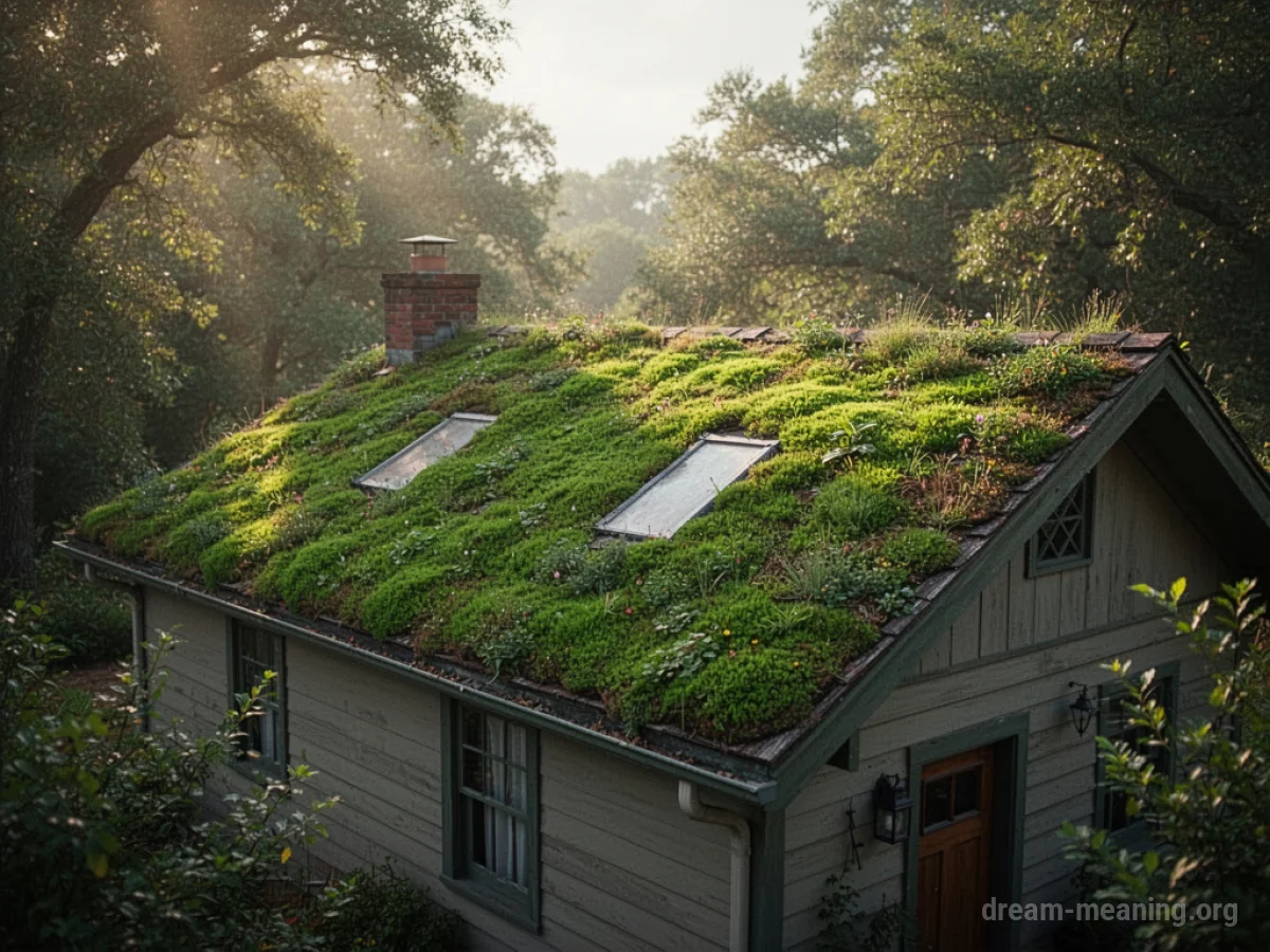 A house with a lush green roof covered in vegetation.