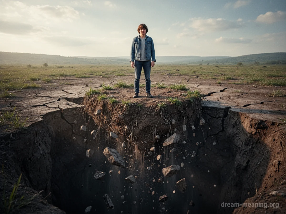 A person standing on a breaking ground with a dark void beneath.