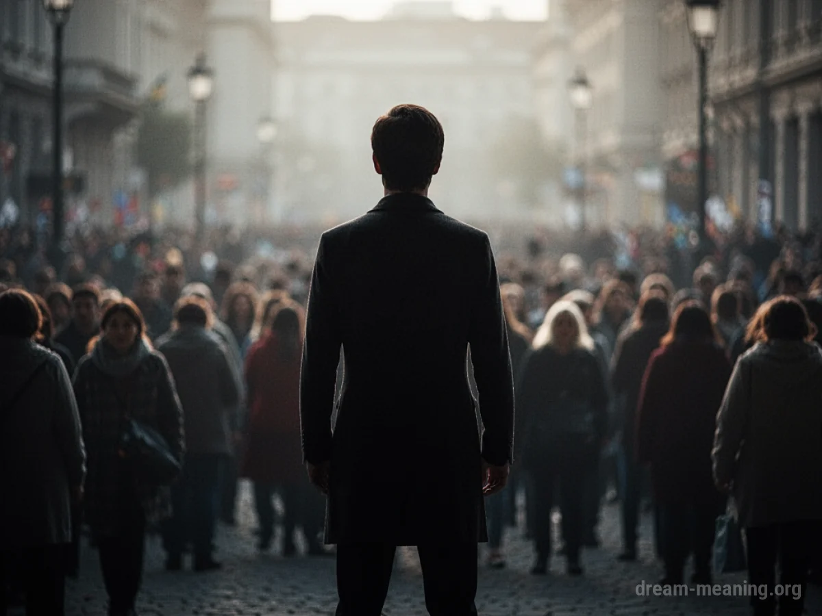 A lone figure standing outside a group of people.