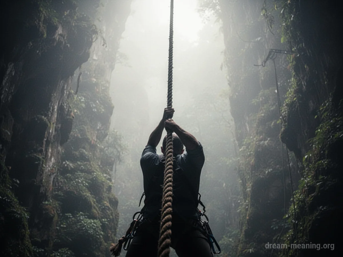 Silhouette of a person suspended by a rope against a bright background.