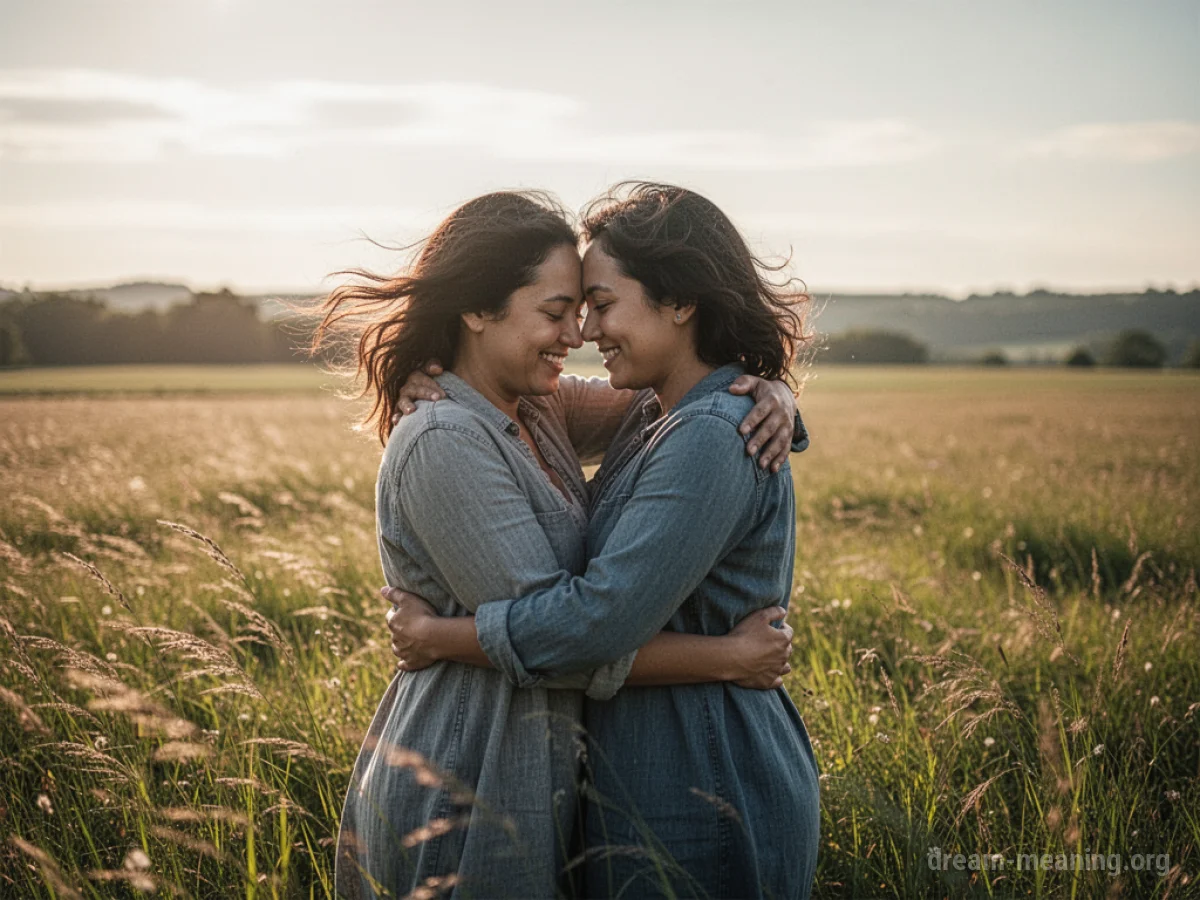 Two people embracing in a field.