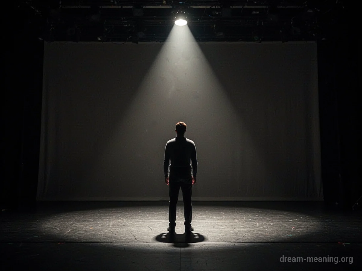 A lone figure stands on an empty stage under a spotlight.