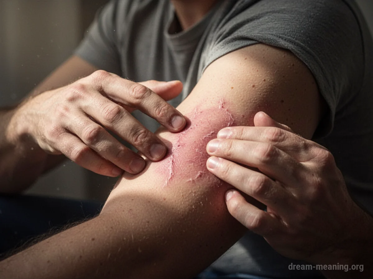 A person's hand touching a fading scar on an arm.