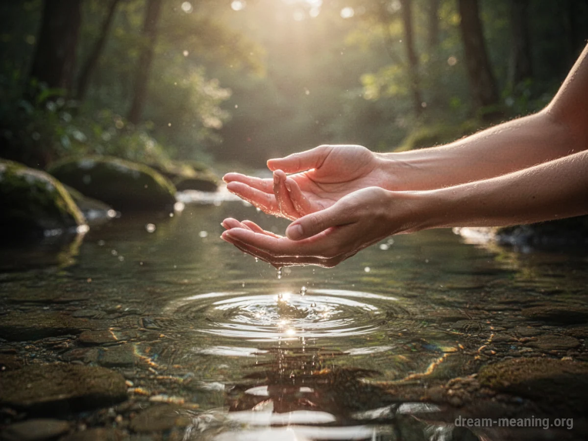 Hands performing a gentle ritual gesture over a body of water.