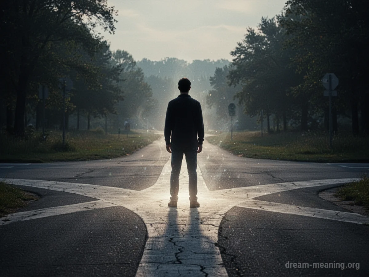 Silhouette of a person at a crossroads with a faint light on one path.