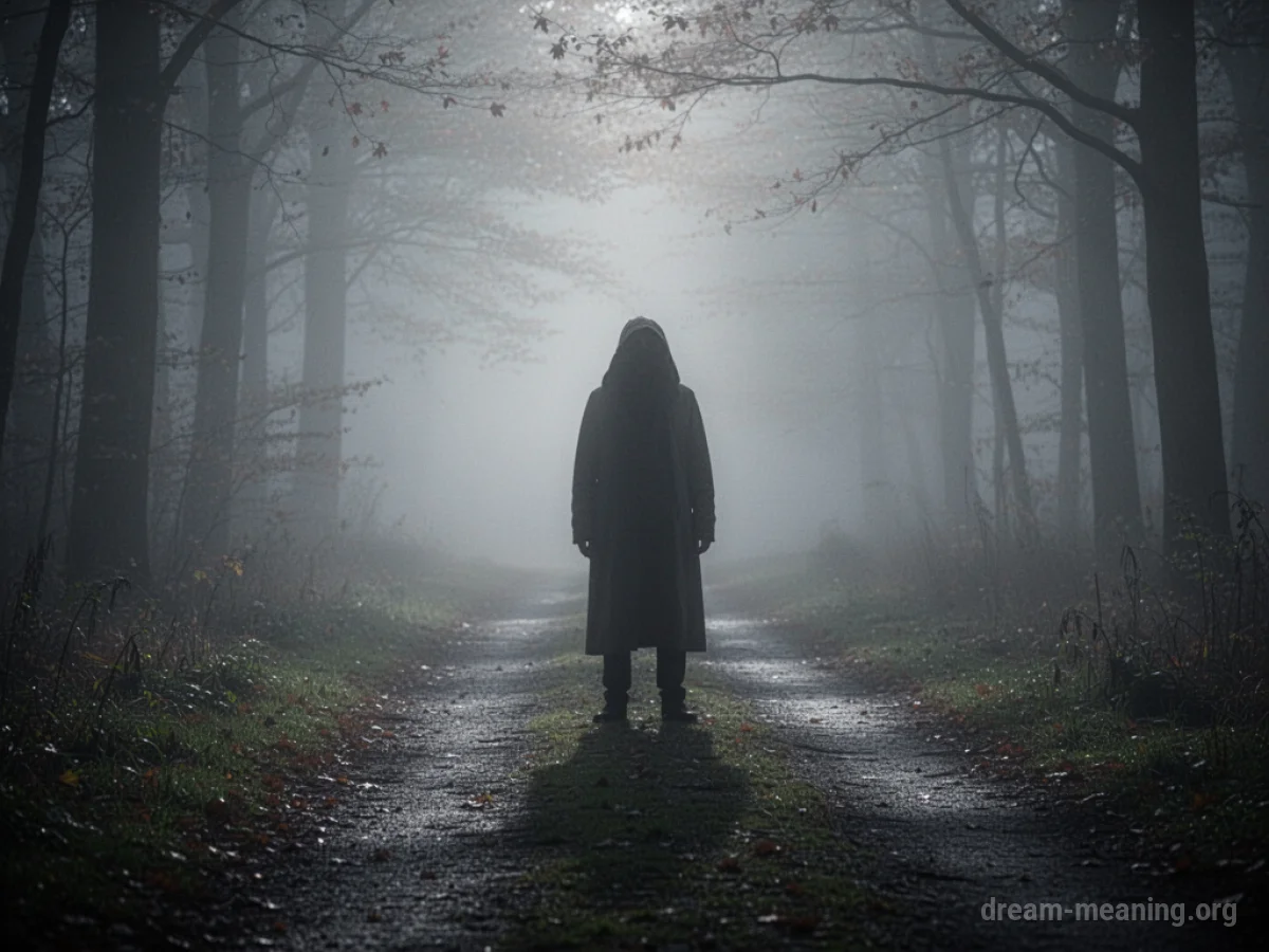A shadowy figure is partially hidden in fog at the edge of a dark path.