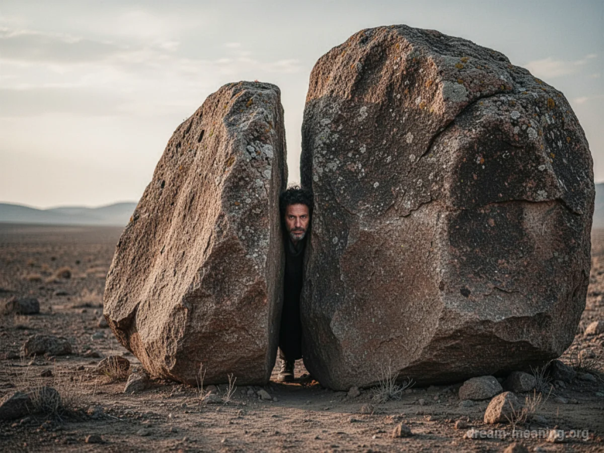 A person partially concealed by a large stone.