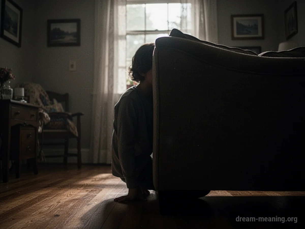 Silhouette of a person hiding behind furniture.
