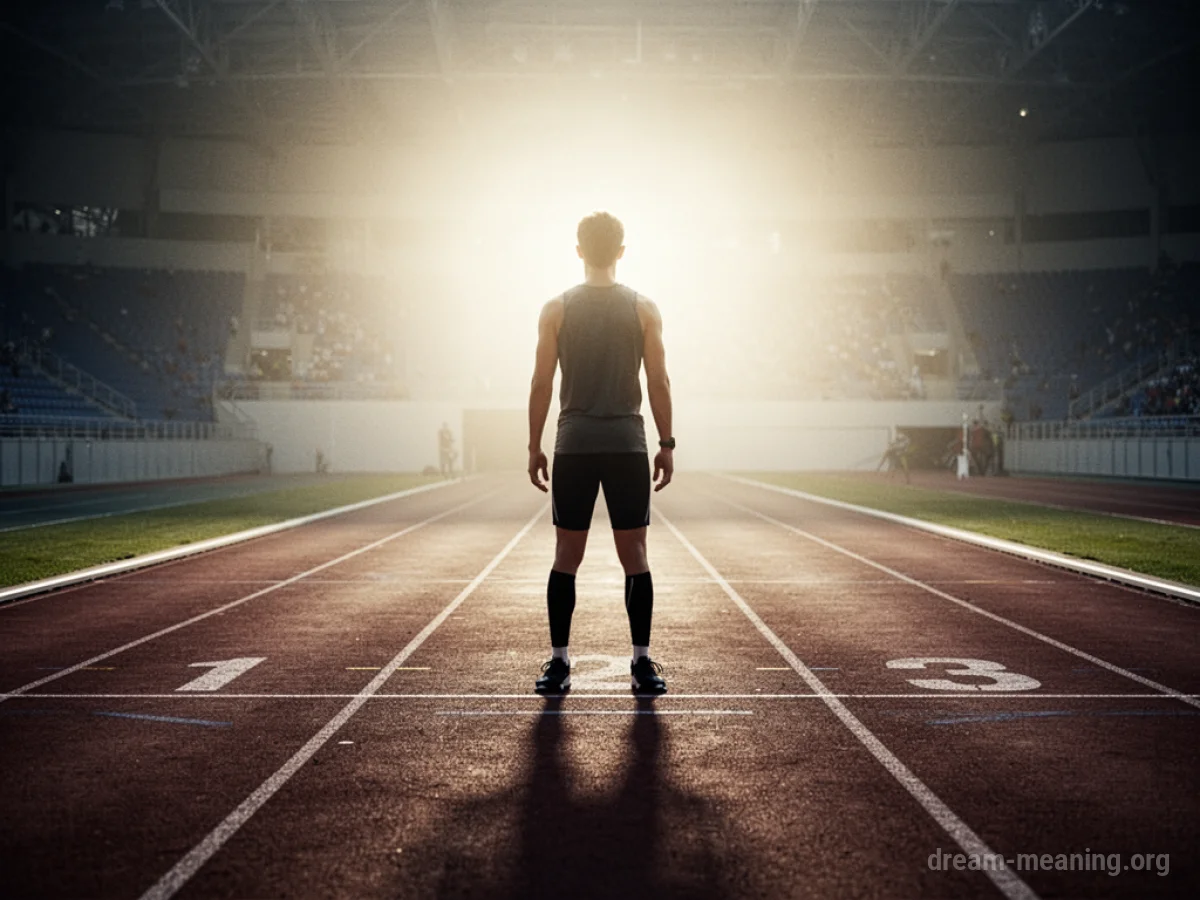 Silhouette of a person at the start of a race track facing bright light.