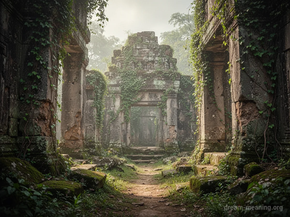 Crumbling stone walls of ancient structures covered in vegetation.