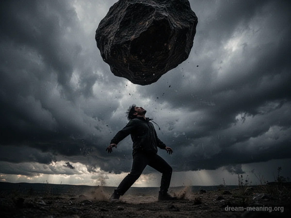 Silhouette of a person shielding themselves from a falling rock.