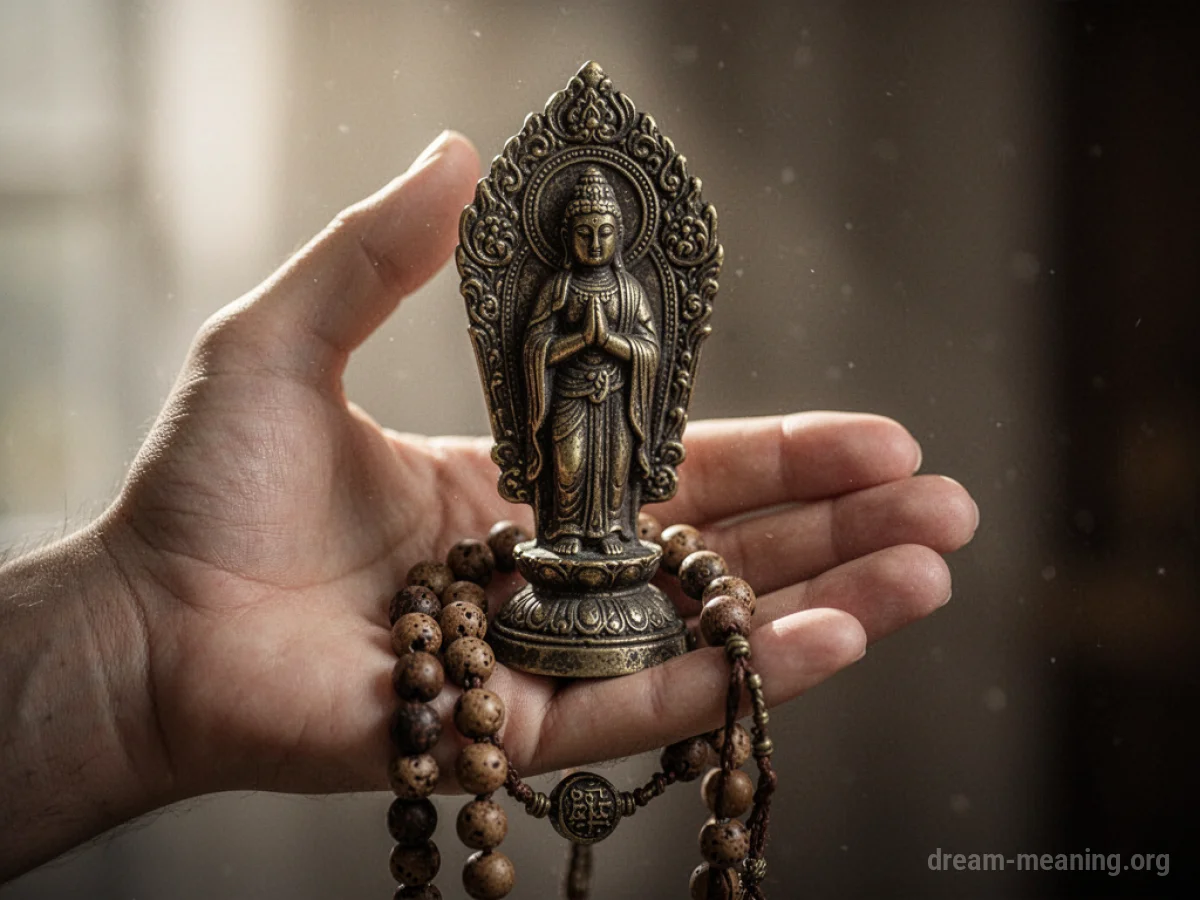A person's hand holding a sacred religious object.