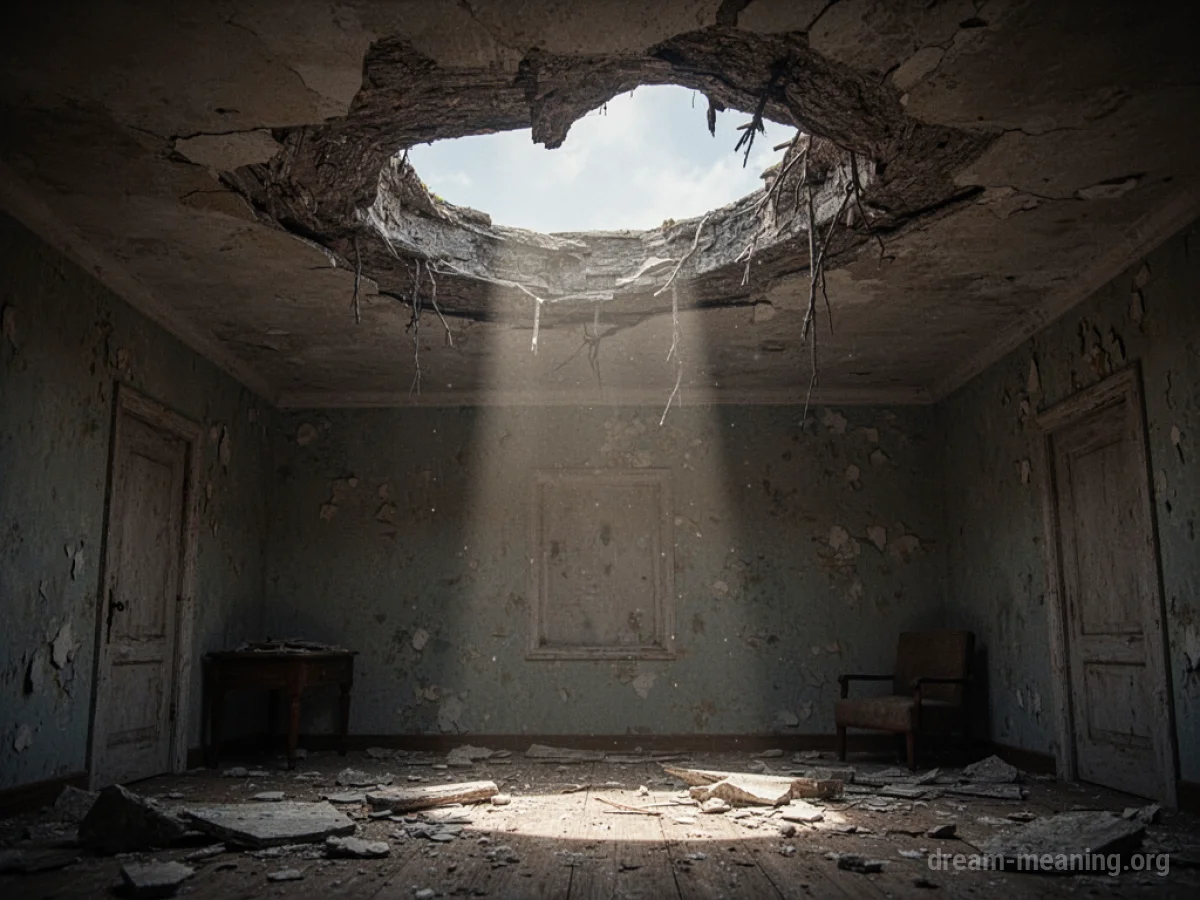 A hole in the ceiling of a room with light shining through.