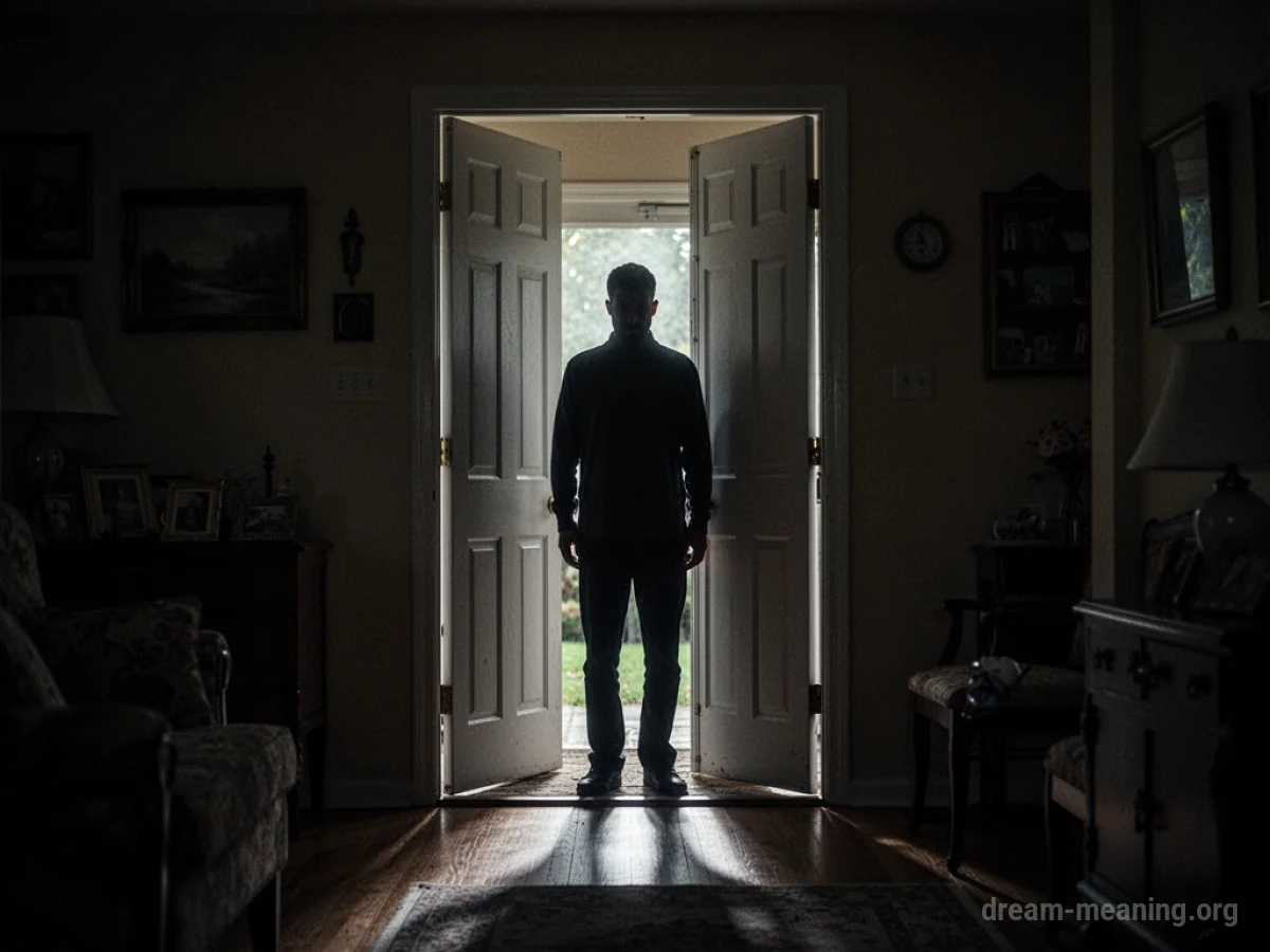 A shadowy silhouette stands in an open doorway of a house at night.