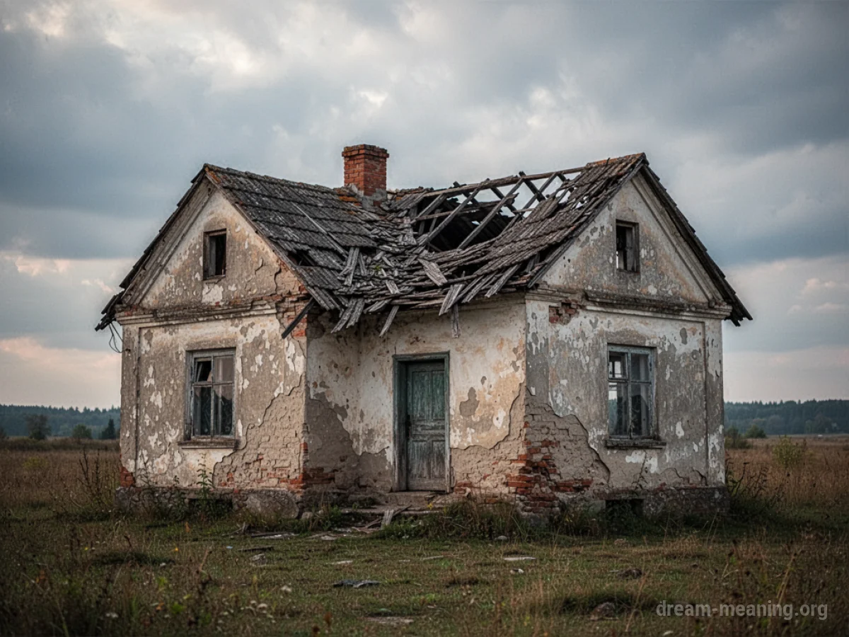 A dilapidated house with exposed beams and missing sections of wall.
