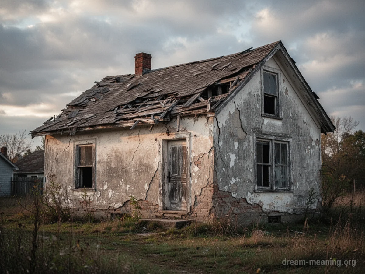 A rundown house with obvious structural damage.