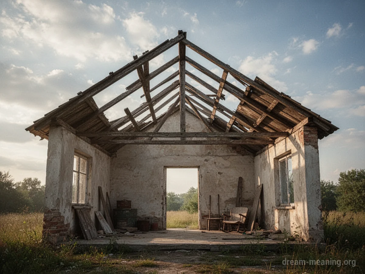 A house structure with an open top, revealing the sky above.