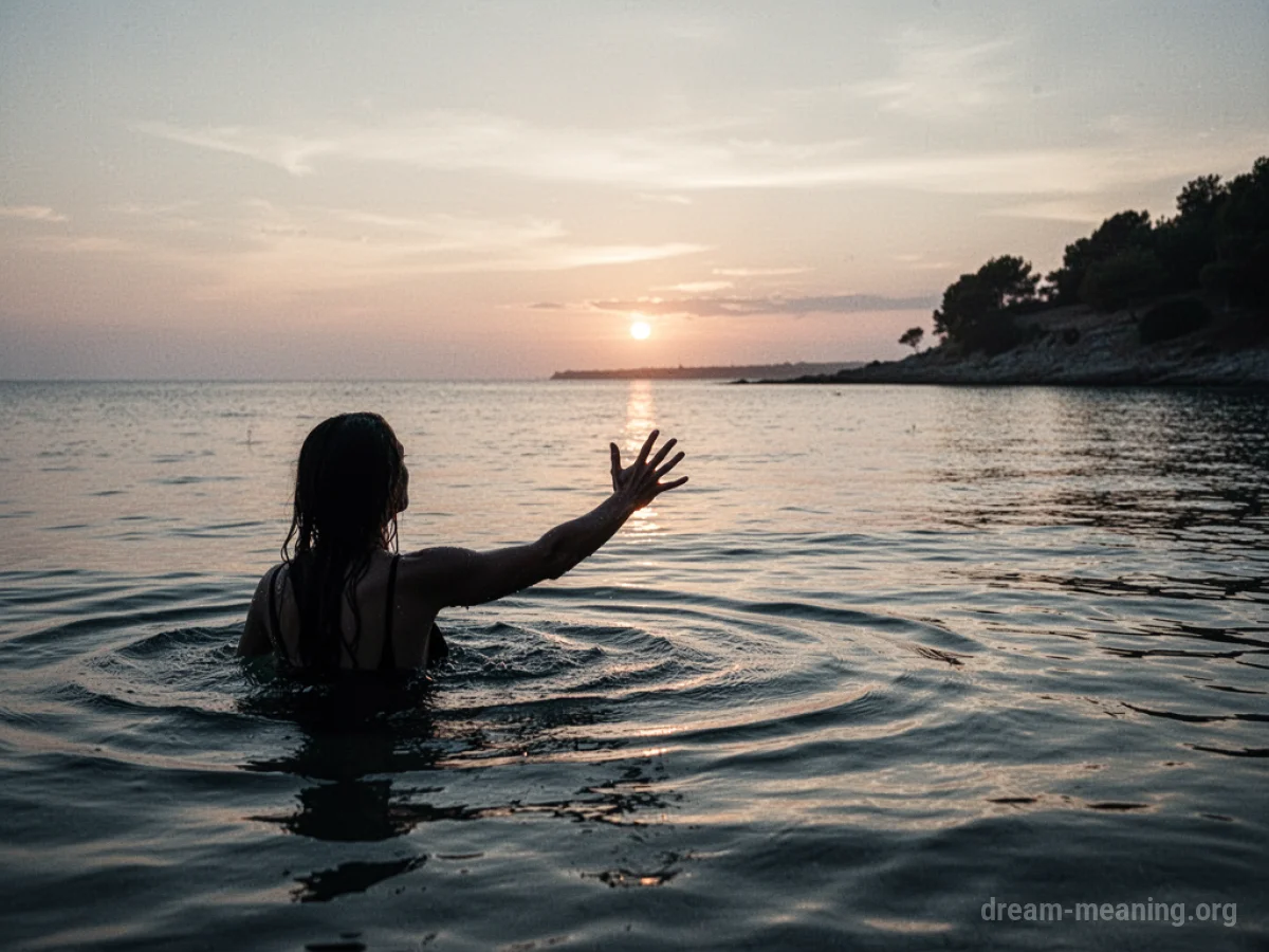 A silhouette of a hand reaching out from dark water towards a faint light on a distant shore.