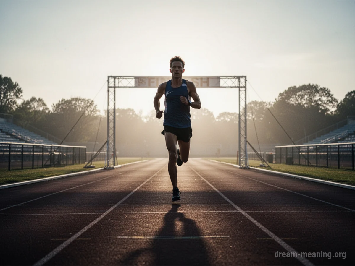 Silhouette of a runner on a track approaching a finish line.