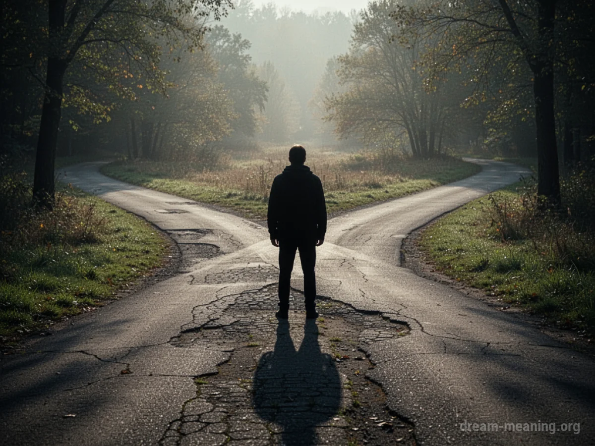 A dark silhouette of a person standing at a fork in a path.