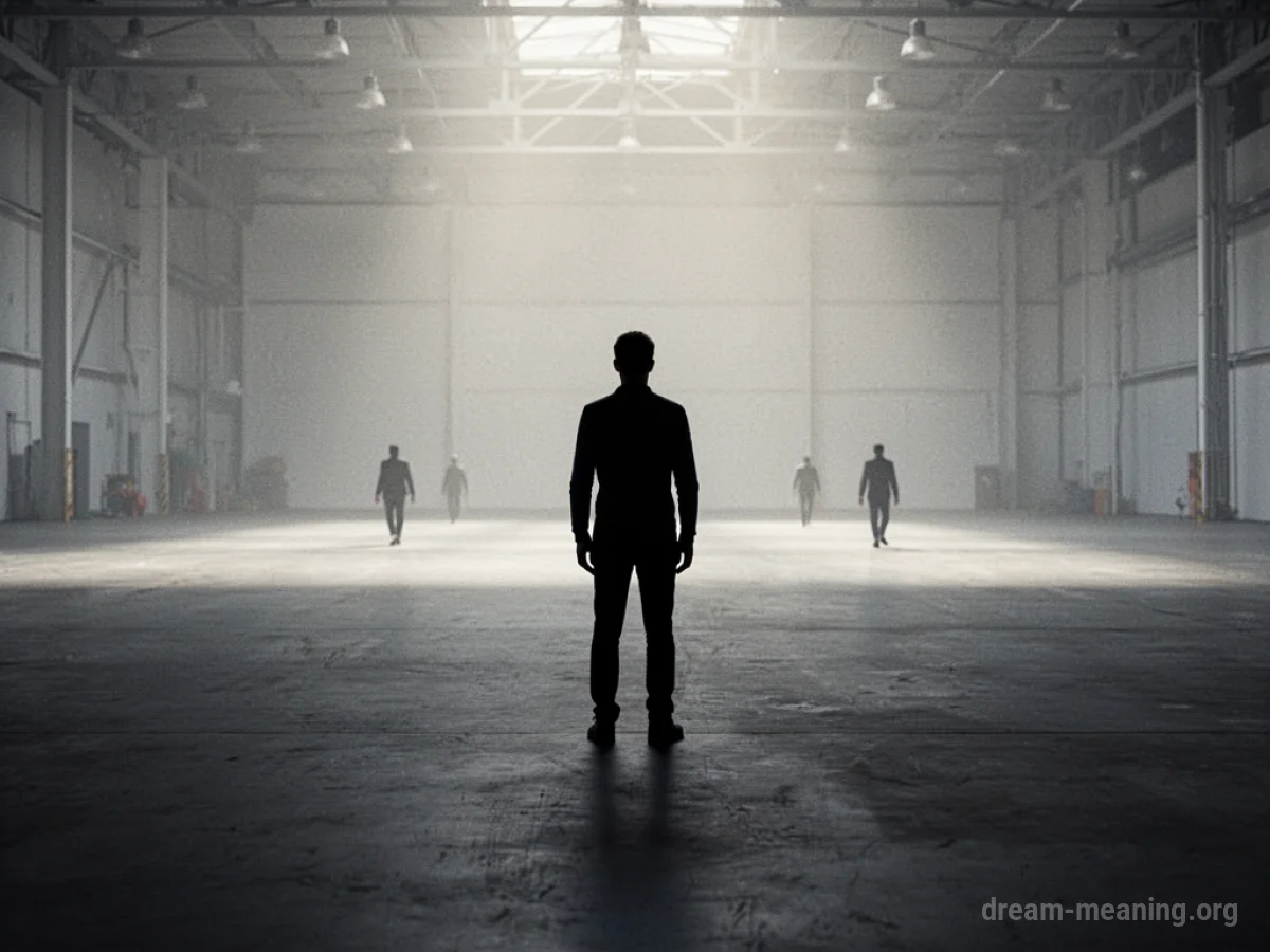 A lone silhouette figure in a large, empty expanse with distant figures moving away.