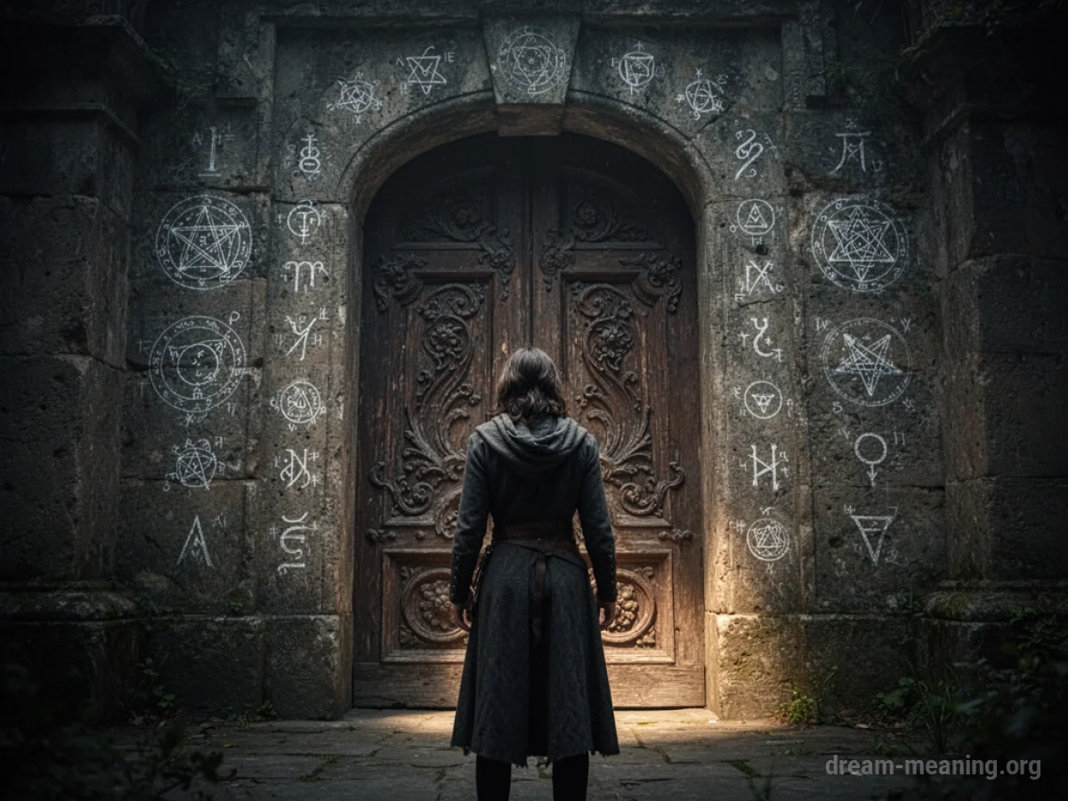 A figure stands before an ancient, glowing doorway.