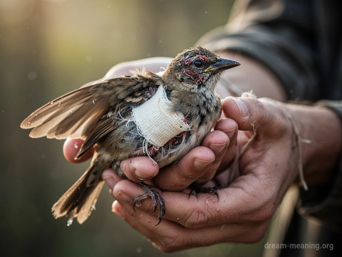 A person's hands carefully holding a bird with a bandaged wing.