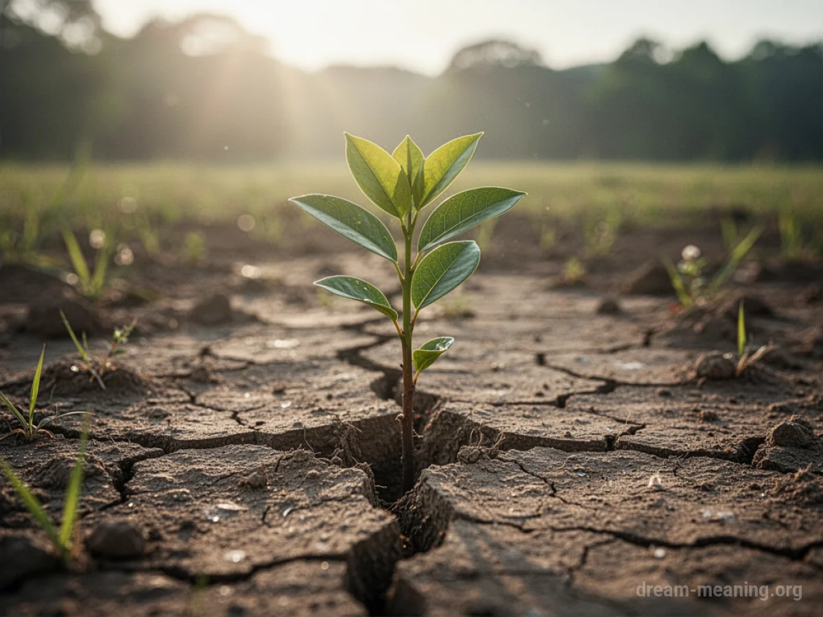 A small green sprout emerging from dry, cracked soil.