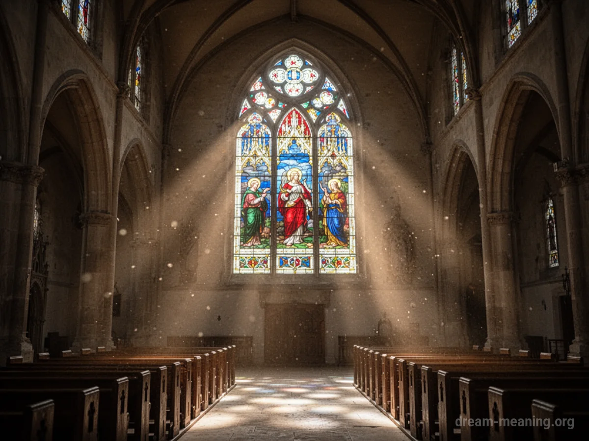 Sunlight streaming through a stained glass window into an empty church.