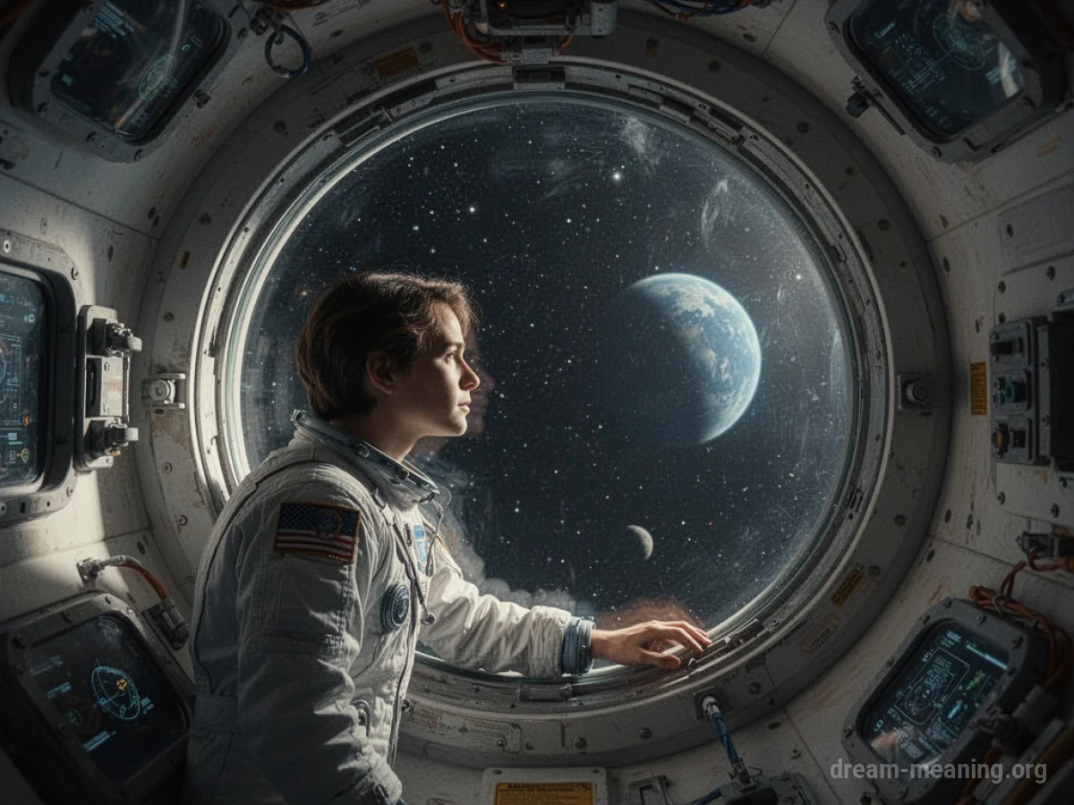 View from inside a spacecraft looking out a porthole at stars.