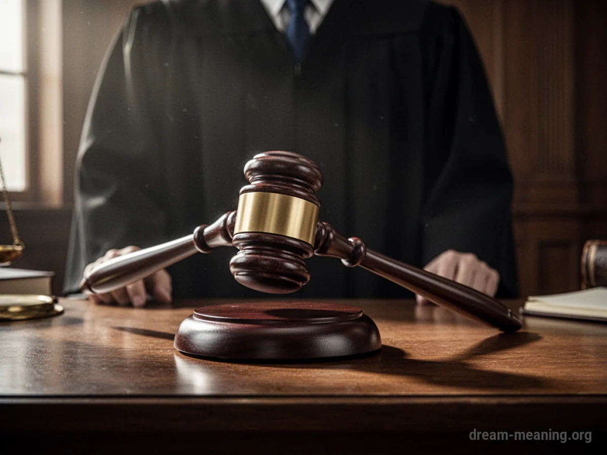 A wooden gavel poised above a sounding block on a judge's desk.