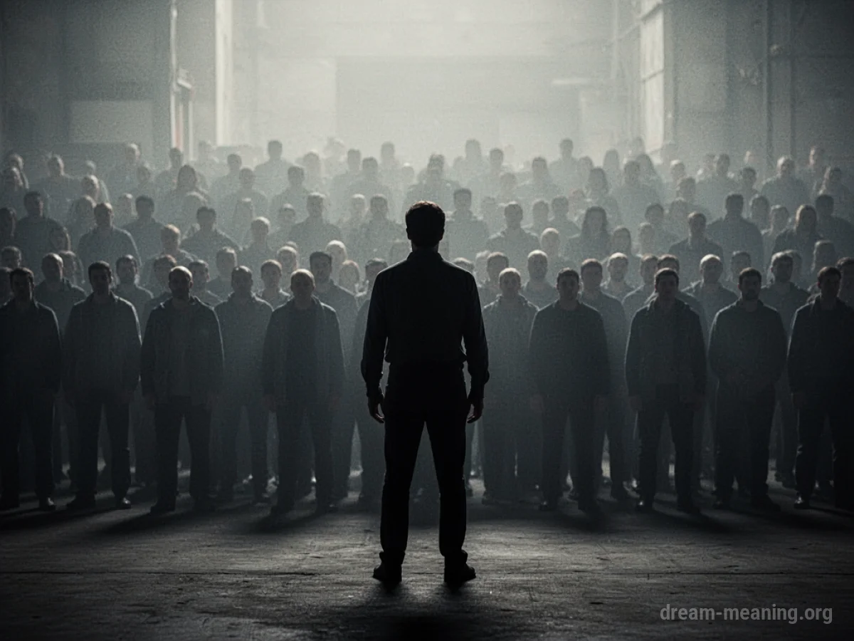 A lone figure's silhouette facing away from a large group of shadowed figures.