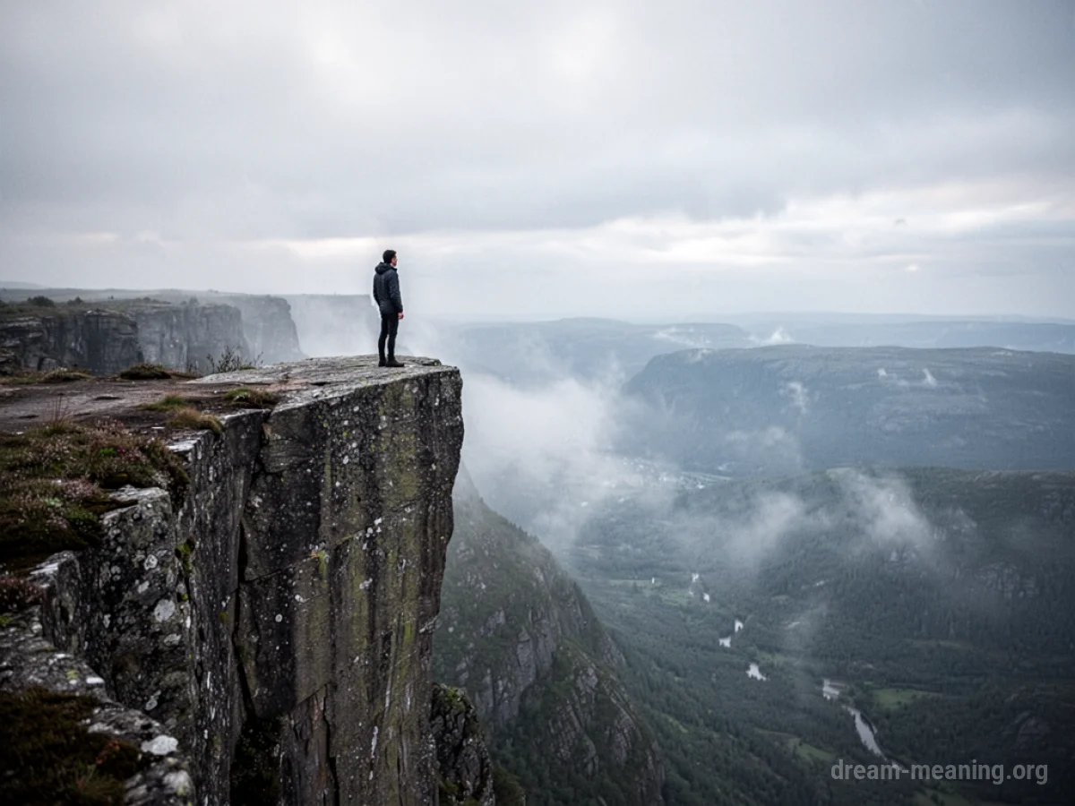 Silhouette of a person at the edge of a cliff overlooking a foggy drop.