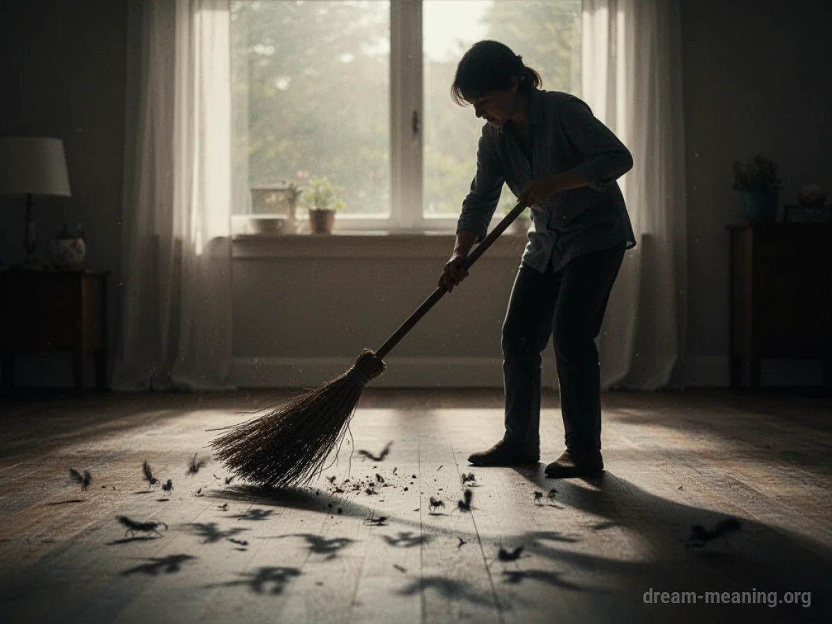 Silhouette of a person sweeping shadows away on a floor.