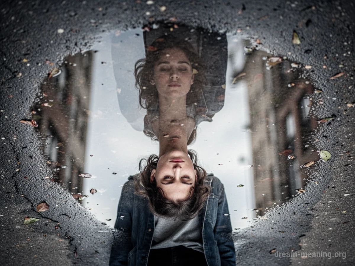 A silhouette of a person looking at their distorted reflection in a puddle.